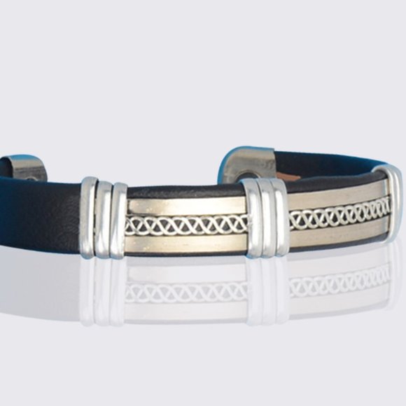 Solid Copper Leather wrapped Magnetic Bracelet Silver Tone Design Cuff Bangle - Picture 2 of 2